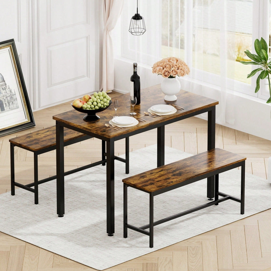 Industrial Rustic Dining Table Set With 2 Benches And Chairs For Kitchen Breakfast Living Room Party Room Image 8