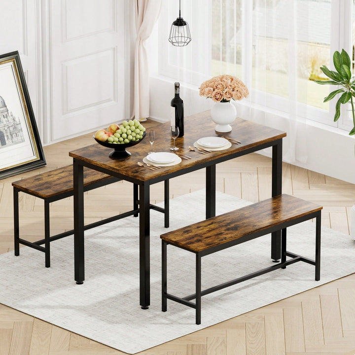 Industrial Rustic Dining Table Set With 2 Benches And Chairs For Kitchen Breakfast Living Room Party Room Image 8