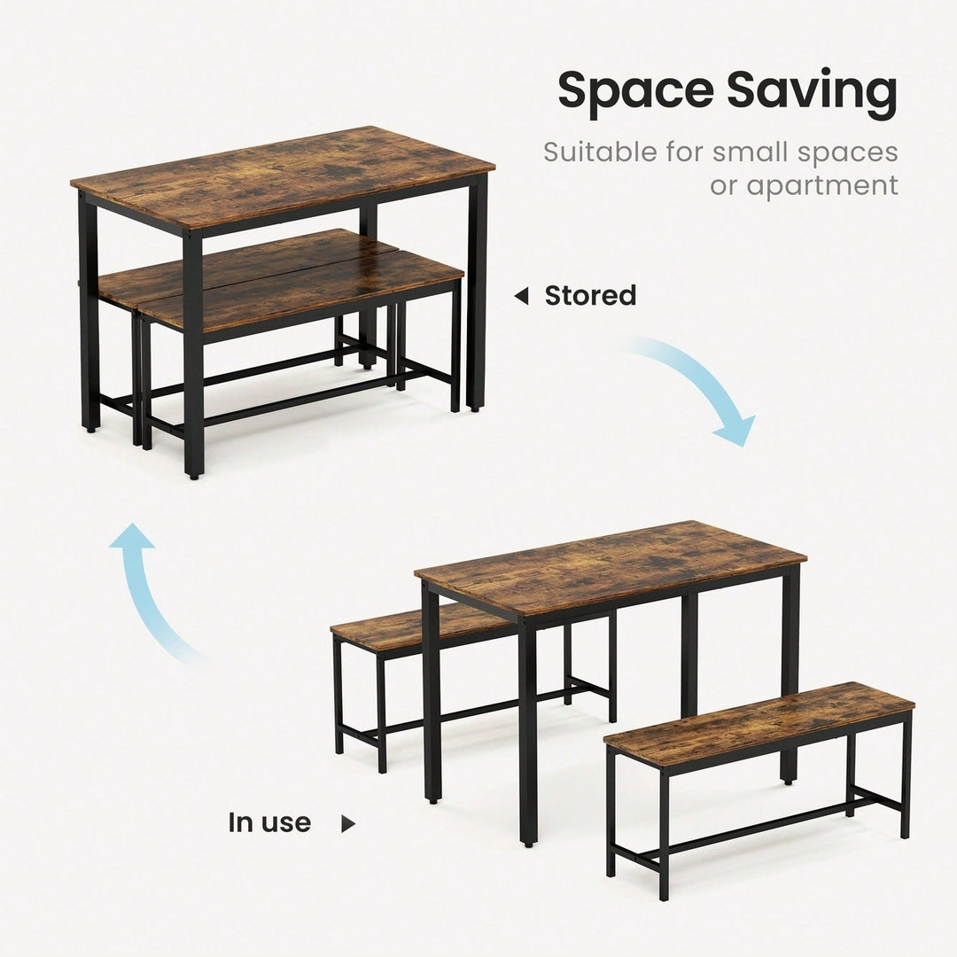 Industrial Rustic Dining Table Set With 2 Benches And Chairs For Kitchen Breakfast Living Room Party Room Image 11