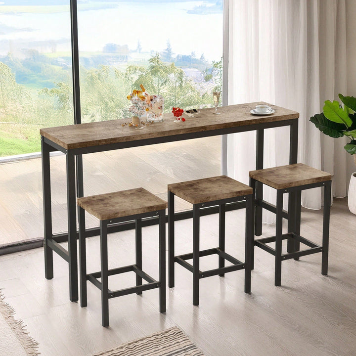 Long Dining Table Set With 3 Stools Easy Assembly Perfect For Family Gatherings Natural Image 3