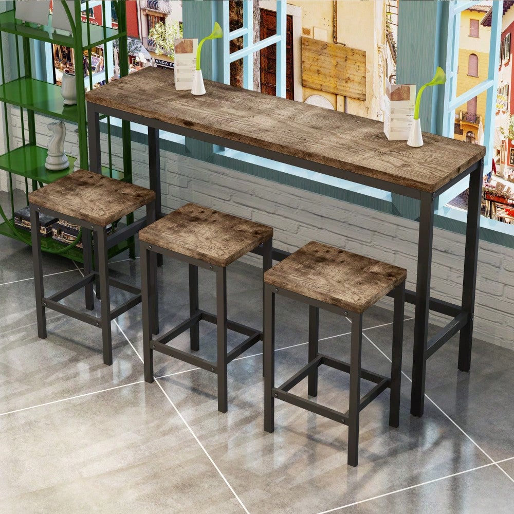 Long Dining Table Set With 3 Stools Easy Assembly Perfect For Family Gatherings Natural Image 4