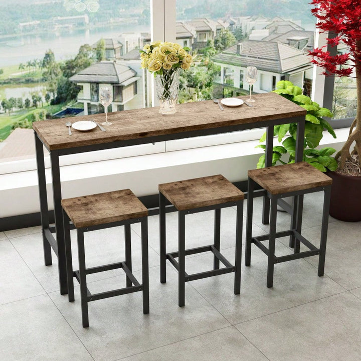 Long Dining Table Set With 3 Stools Easy Assembly Perfect For Family Gatherings Natural Image 5