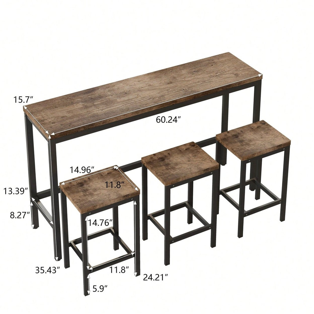 Long Dining Table Set With 3 Stools Easy Assembly Perfect For Family Gatherings Natural Image 6