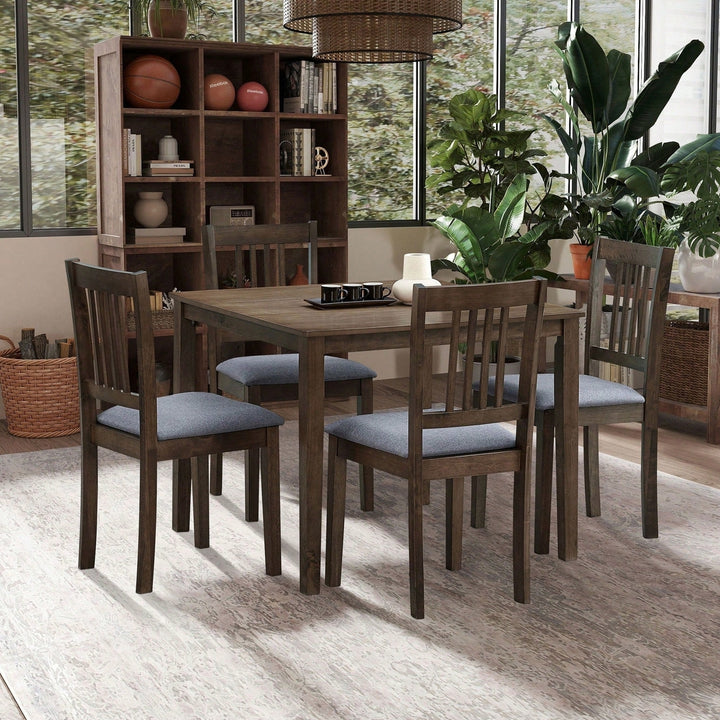 Mid Century Modern Square Wooden Dining Table Set With Upholstered Chairs For Space-Saving Kitchen And Dining Room, Oak Image 7