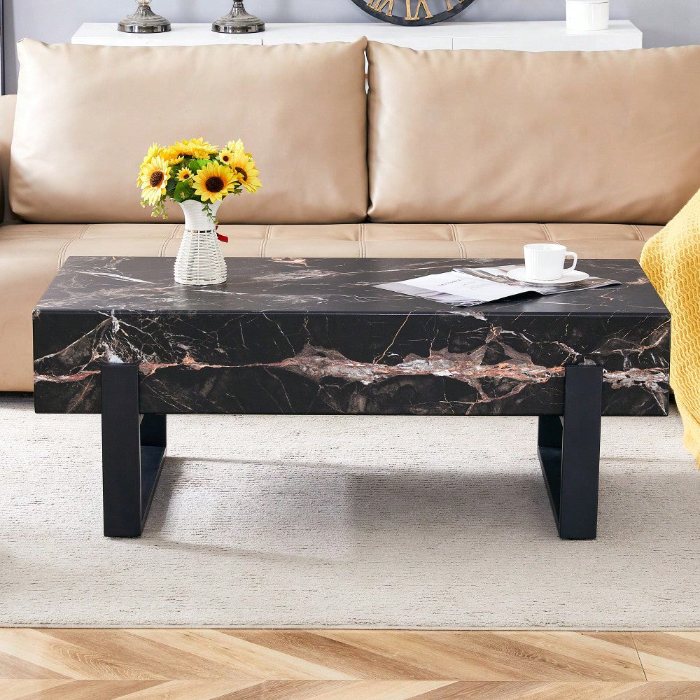 Modern Black And White Minimalist MDF Coffee Table With Marble Pattern And Black Metal Legs Image 2