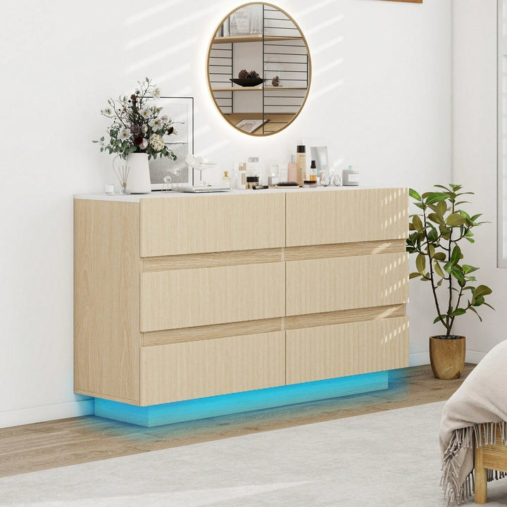 Modern 6 Drawer Dresser With LED Lighting And Organizer For Bedroom Living Room Hallway Image 4