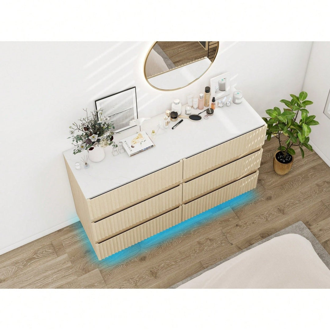 Modern 6 Drawer Dresser With LED Lighting And Organizer For Bedroom Living Room Hallway Image 7