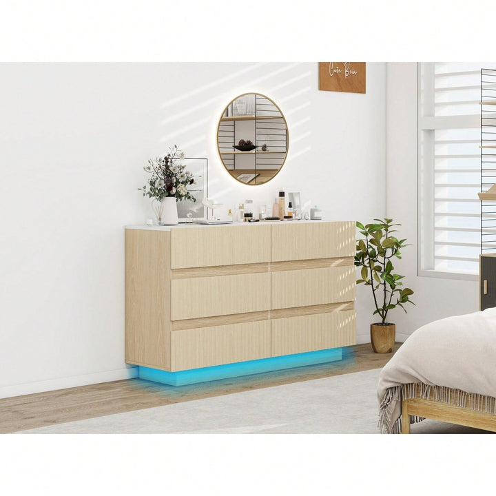 Modern 6 Drawer Dresser With LED Lighting And Organizer For Bedroom Living Room Hallway Image 9