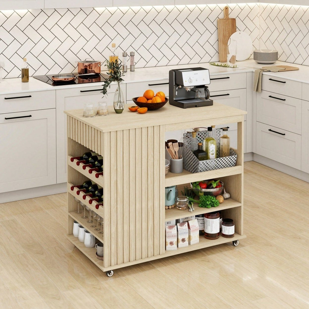 Modern Rolling Kitchen Island Cart With Storage Drawer And Wine Rack, Lockable Casters For Dining Room And Living Room Image 2