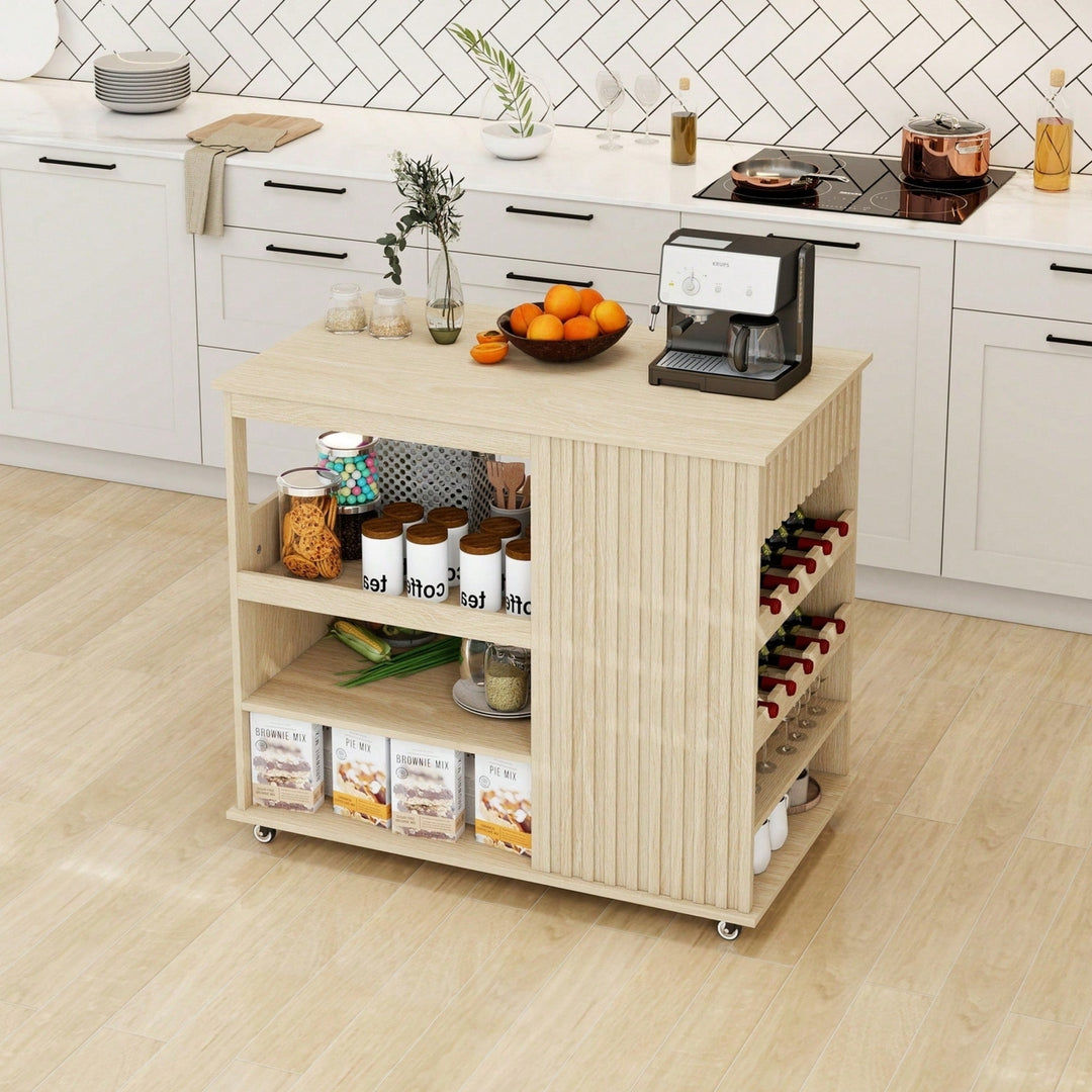 Modern Rolling Kitchen Island Cart With Storage Drawer And Wine Rack, Lockable Casters For Dining Room And Living Room Image 3