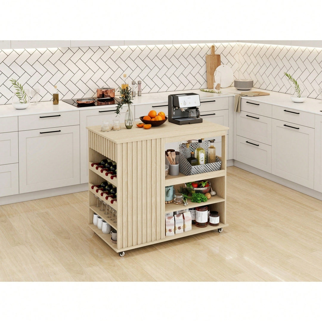 Modern Rolling Kitchen Island Cart With Storage Drawer And Wine Rack, Lockable Casters For Dining Room And Living Room Image 6