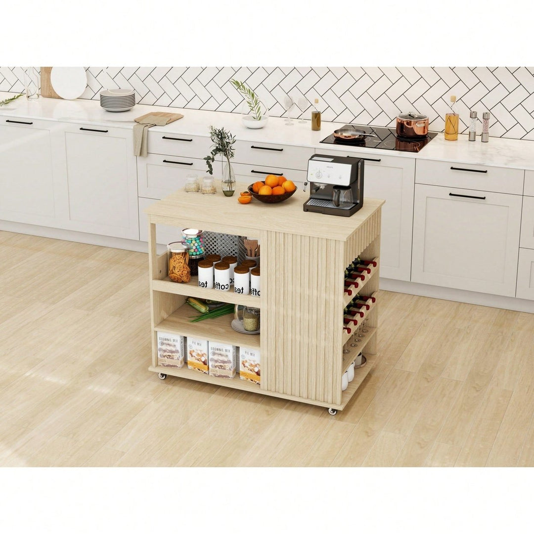 Modern Rolling Kitchen Island Cart With Storage Drawer And Wine Rack, Lockable Casters For Dining Room And Living Room Image 7