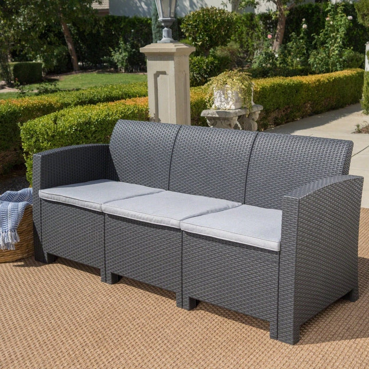 Outdoor 67.7 Inch 3-Seater Faux Wicker Rattan Sofa With Water Resistant Cushions In Charcoal And Light Grey Image 9