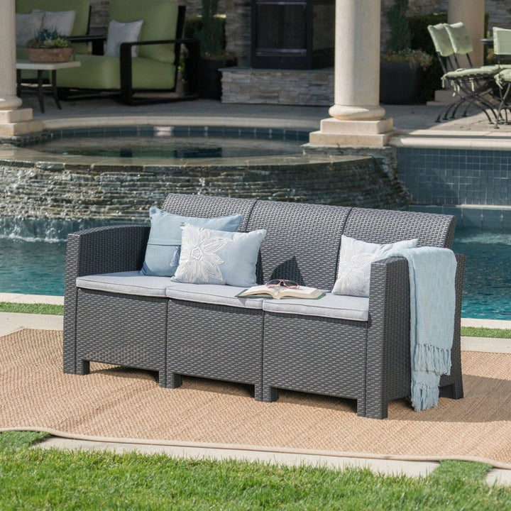 Outdoor 67.7 Inch 3-Seater Faux Wicker Rattan Sofa With Water Resistant Cushions In Charcoal And Light Grey Image 10