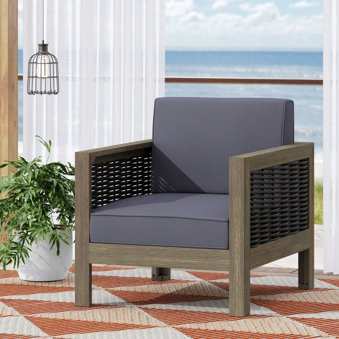 Outdoor Acacia Wood Club Chair With Wicker Accents In Gray Mixed Gray And Brown Image 8