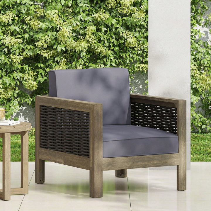 Outdoor Acacia Wood Club Chair With Wicker Accents In Gray Mixed Gray And Brown Image 9