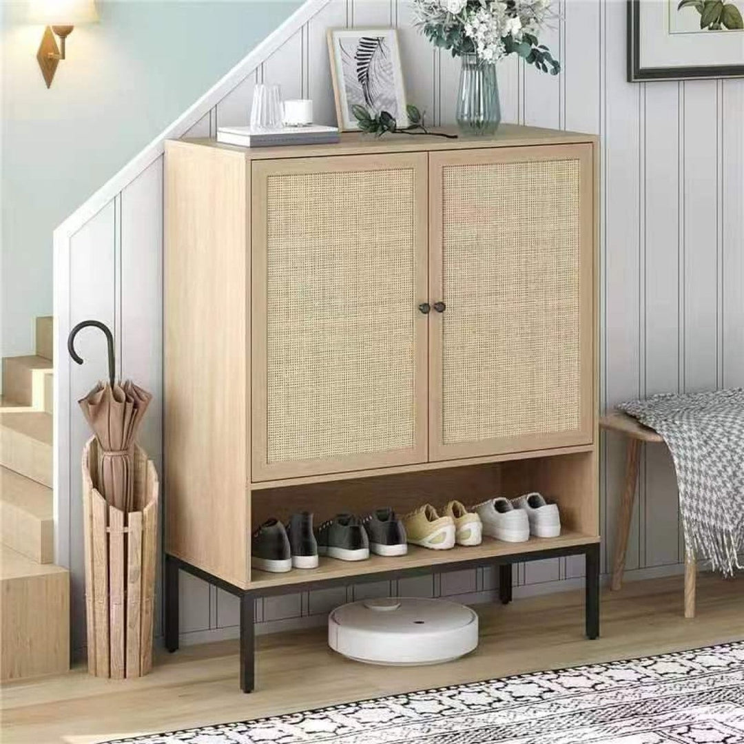 Natural Wood 5 Tier Shoe Storage Cabinet With Adjustable Shelves And Doors For Entryway Organization Image 9