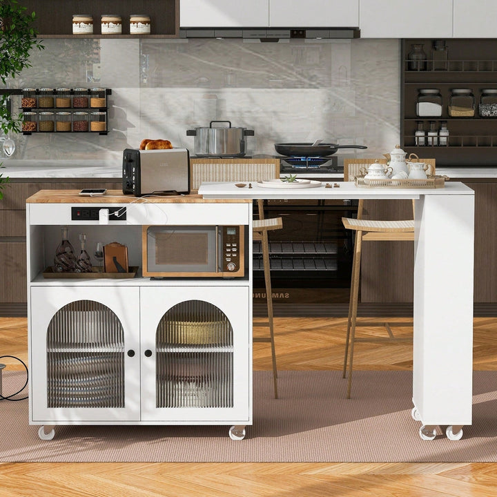 Rolling Kitchen Island With Extended Table LED Lights Power Outlets Fluted Glass Doors Storage Compartment And Open Image 2