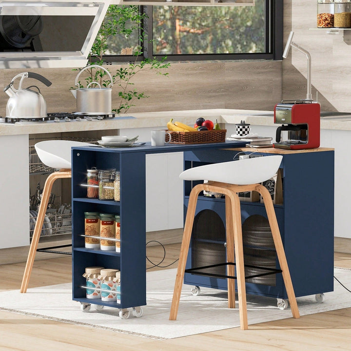 Rolling Kitchen Island With Extended Table LED Lights Power Outlets Fluted Glass Doors Storage Compartment And Open Image 4