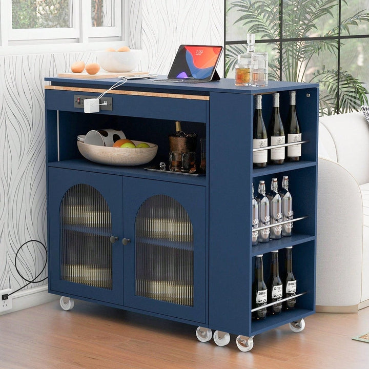 Rolling Kitchen Island With Extended Table LED Lights Power Outlets Fluted Glass Doors Storage Compartment And Open Image 5