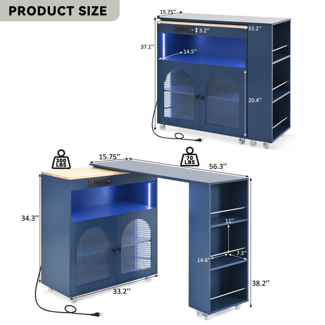 Rolling Kitchen Island With Extended Table LED Lights Power Outlets Fluted Glass Doors Storage Compartment And Open Image 7