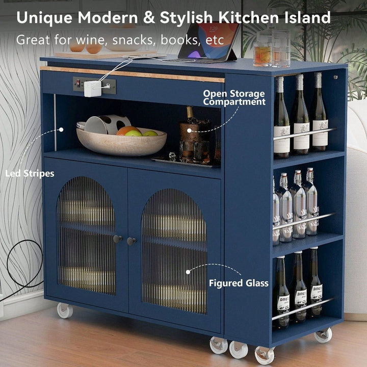 Rolling Kitchen Island With Extended Table LED Lights Power Outlets Fluted Glass Doors Storage Compartment And Open Image 9