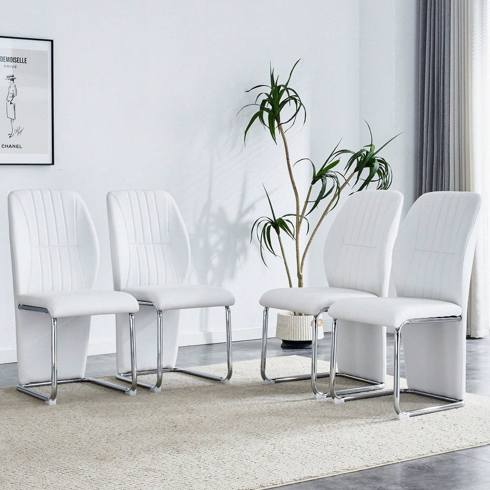 Set Of 4 White PU Dining Chairs With High Backrest And Sturdy Legs For Kitchen And Living Room Image 2