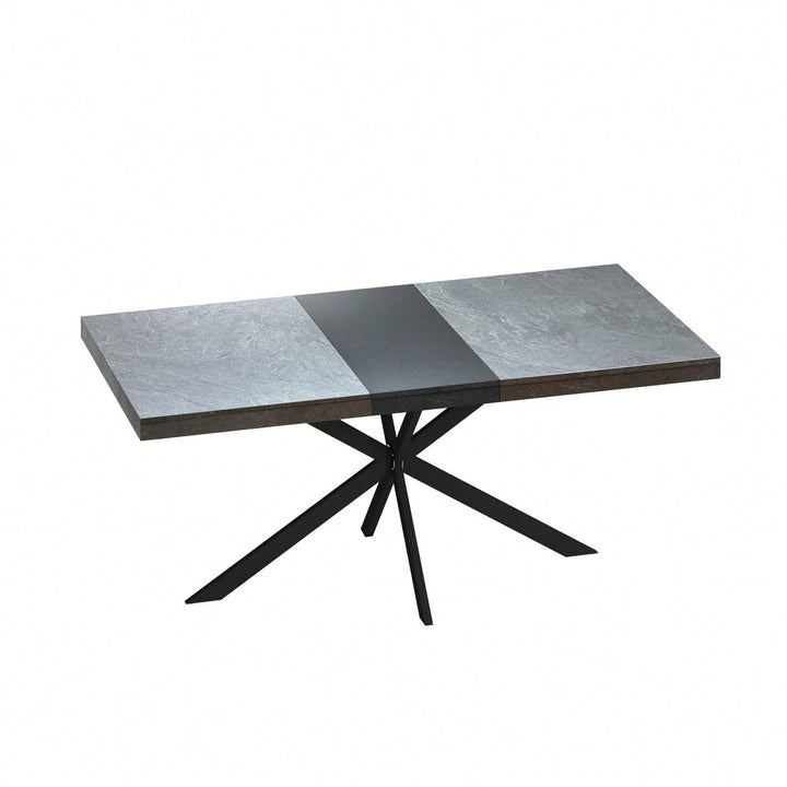 Retro Rectangular Stretch Dining Table With Dark Grey Stone Top And Black Relief Plate, Stylish Iron Cross Base And Image 1