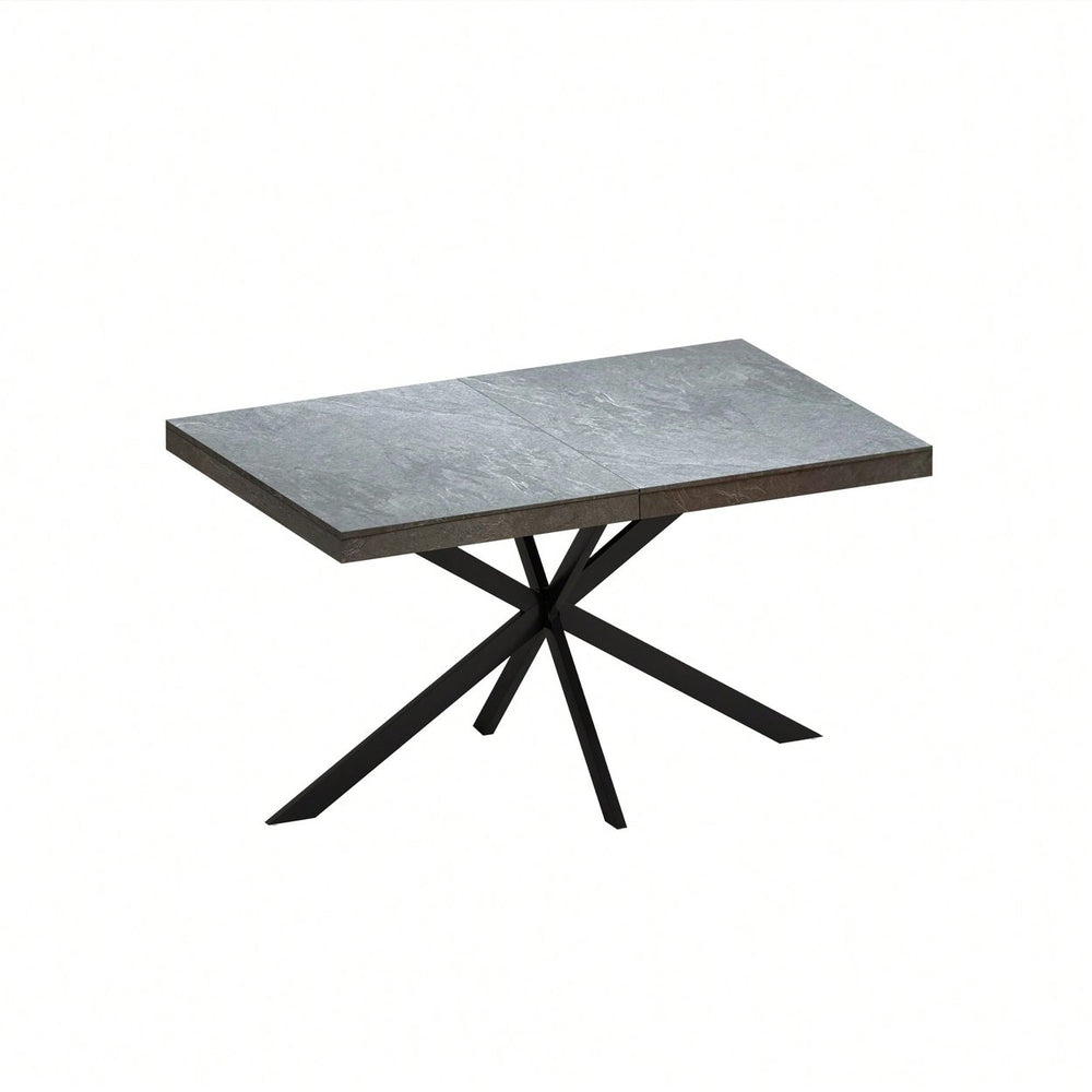 Retro Rectangular Stretch Dining Table With Dark Grey Stone Top And Black Relief Plate, Stylish Iron Cross Base And Image 2