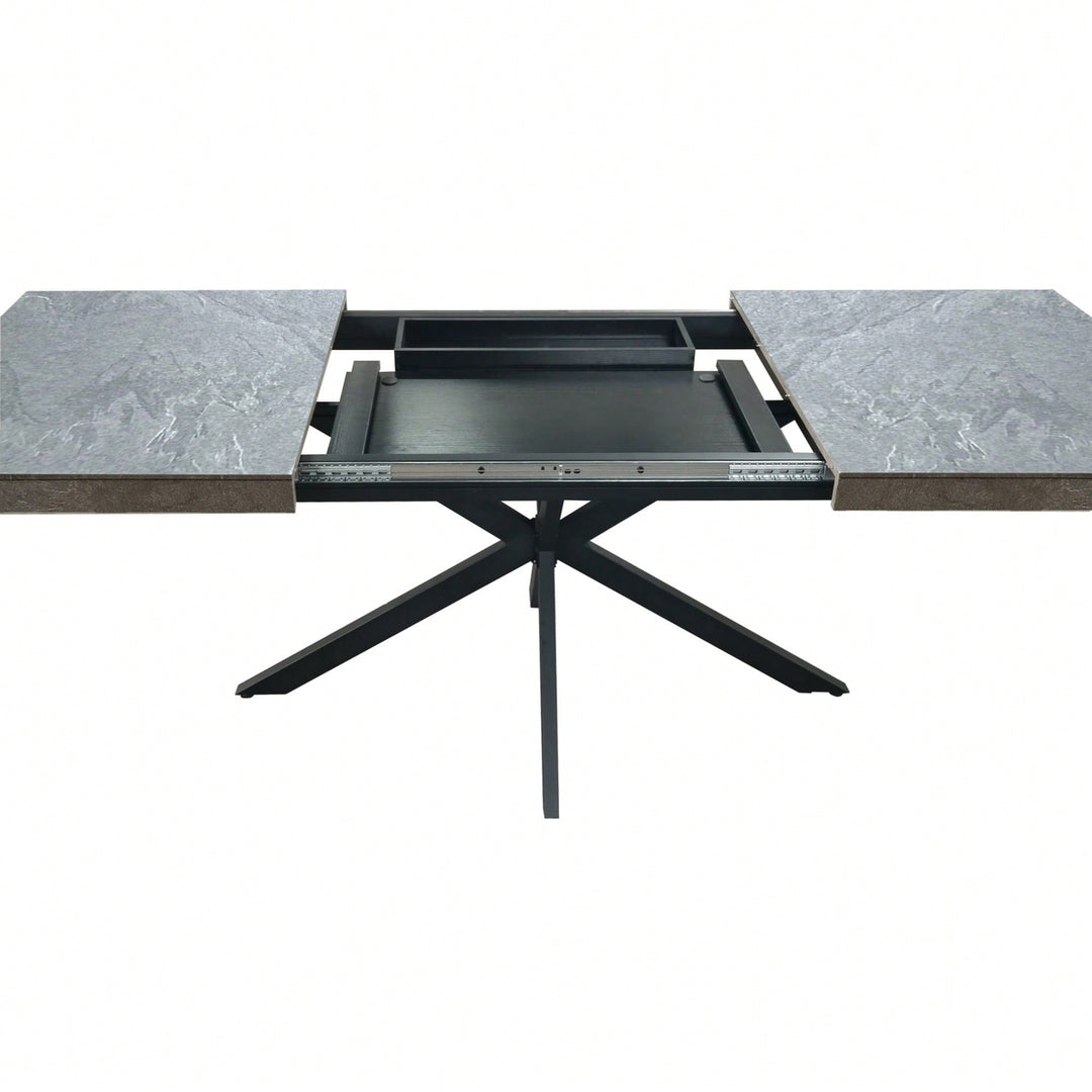 Retro Rectangular Stretch Dining Table With Dark Grey Stone Top And Black Relief Plate, Stylish Iron Cross Base And Image 3