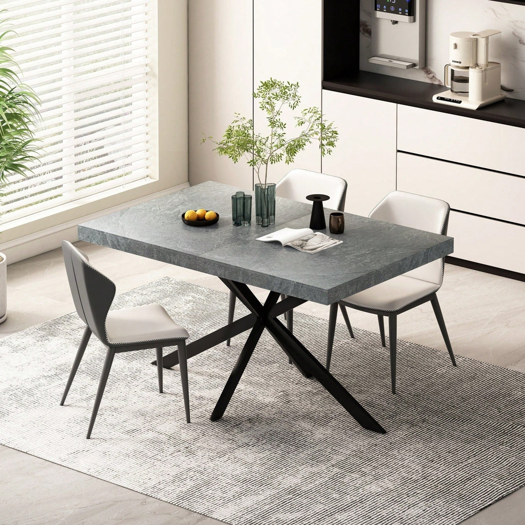 Retro Rectangular Stretch Dining Table With Dark Grey Stone Top And Black Relief Plate, Stylish Iron Cross Base And Image 10