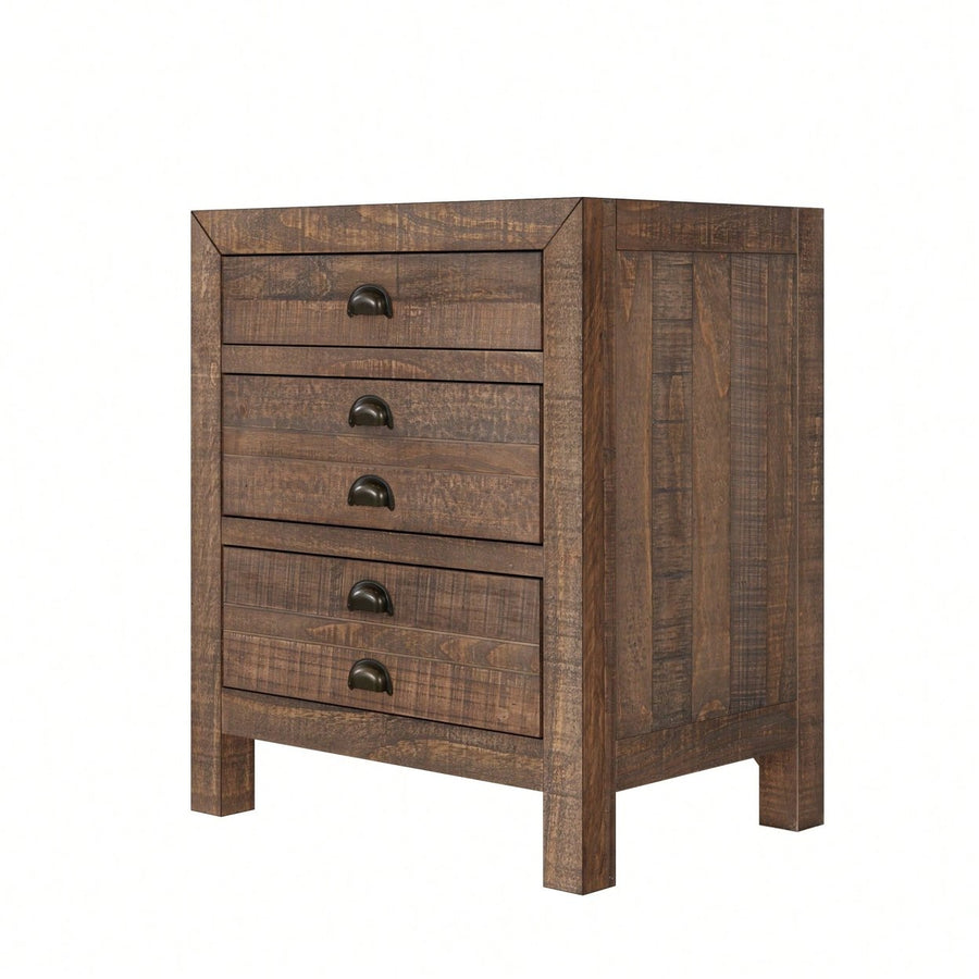 Rustic Farmhouse Three-Drawer Pine Wood Nightstand With Cup Pulls And Built-In Charging Station Image 1