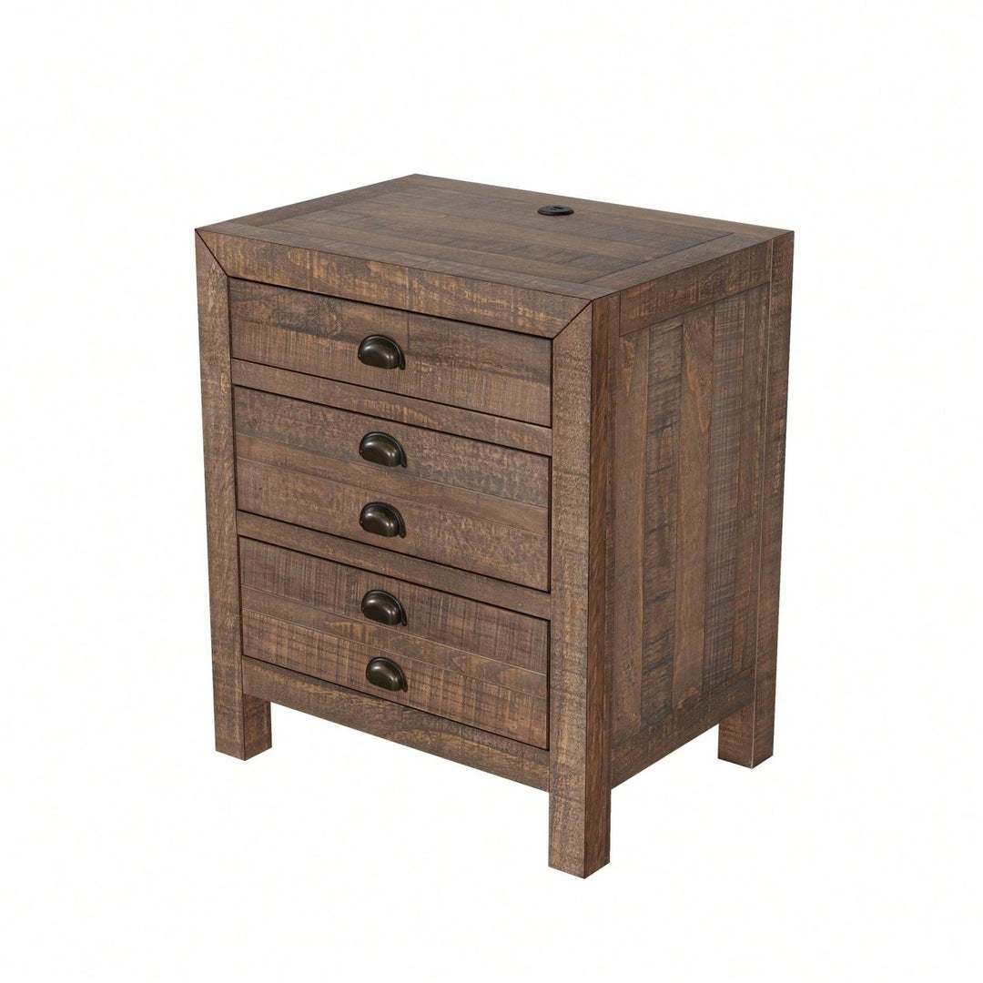 Rustic Farmhouse Three-Drawer Pine Wood Nightstand With Cup Pulls And Built-In Charging Station Image 2