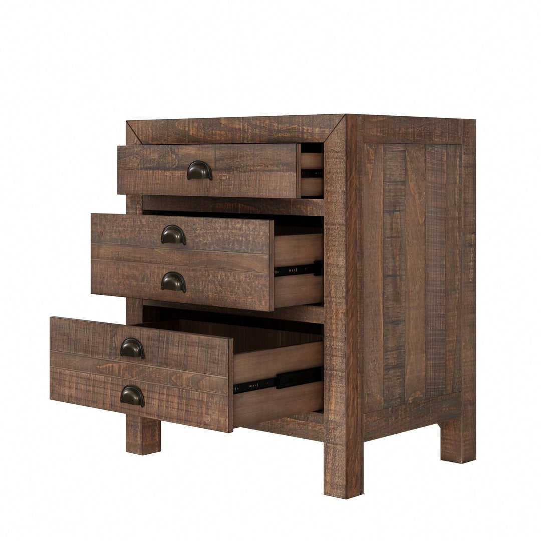 Rustic Farmhouse Three-Drawer Pine Wood Nightstand With Cup Pulls And Built-In Charging Station Image 3