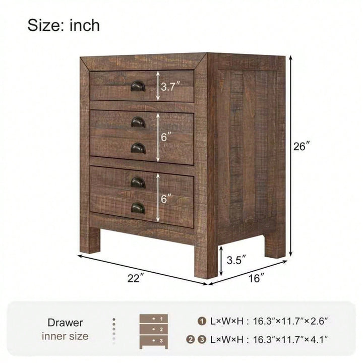 Rustic Farmhouse Three-Drawer Pine Wood Nightstand With Cup Pulls And Built-In Charging Station Image 5