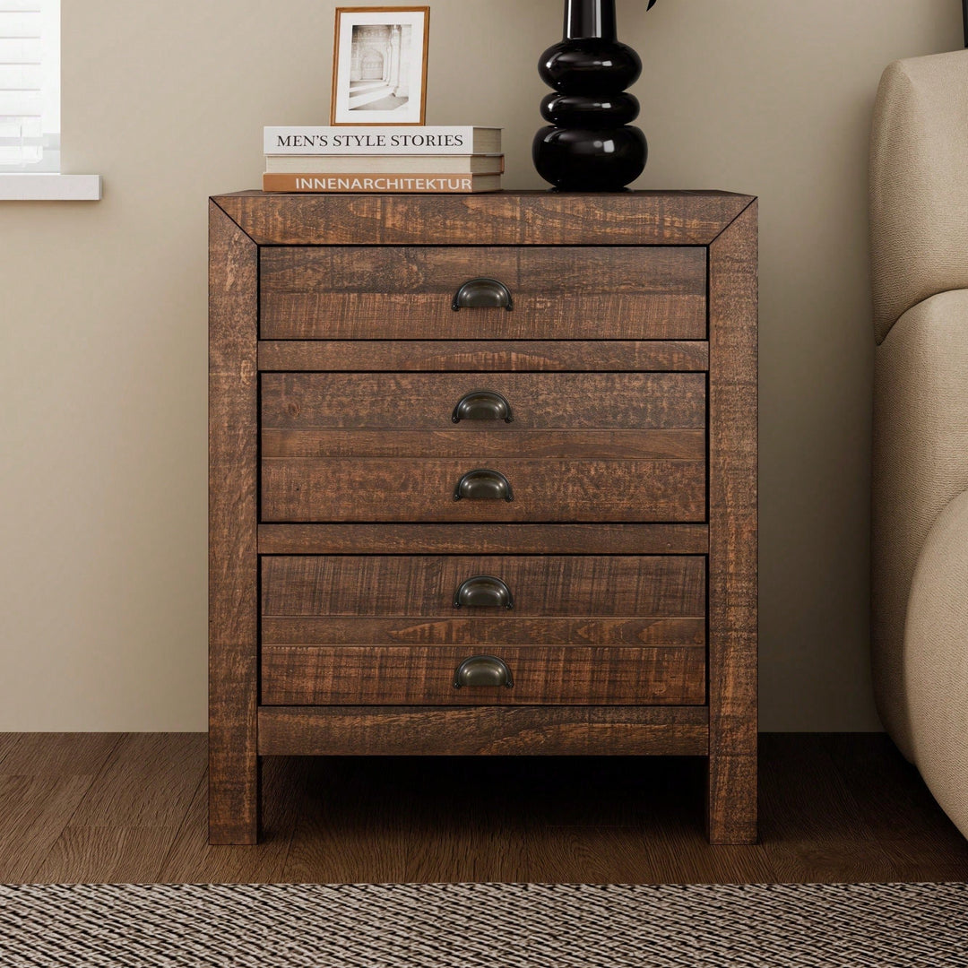 Rustic Farmhouse Three-Drawer Pine Wood Nightstand With Cup Pulls And Built-In Charging Station Image 6