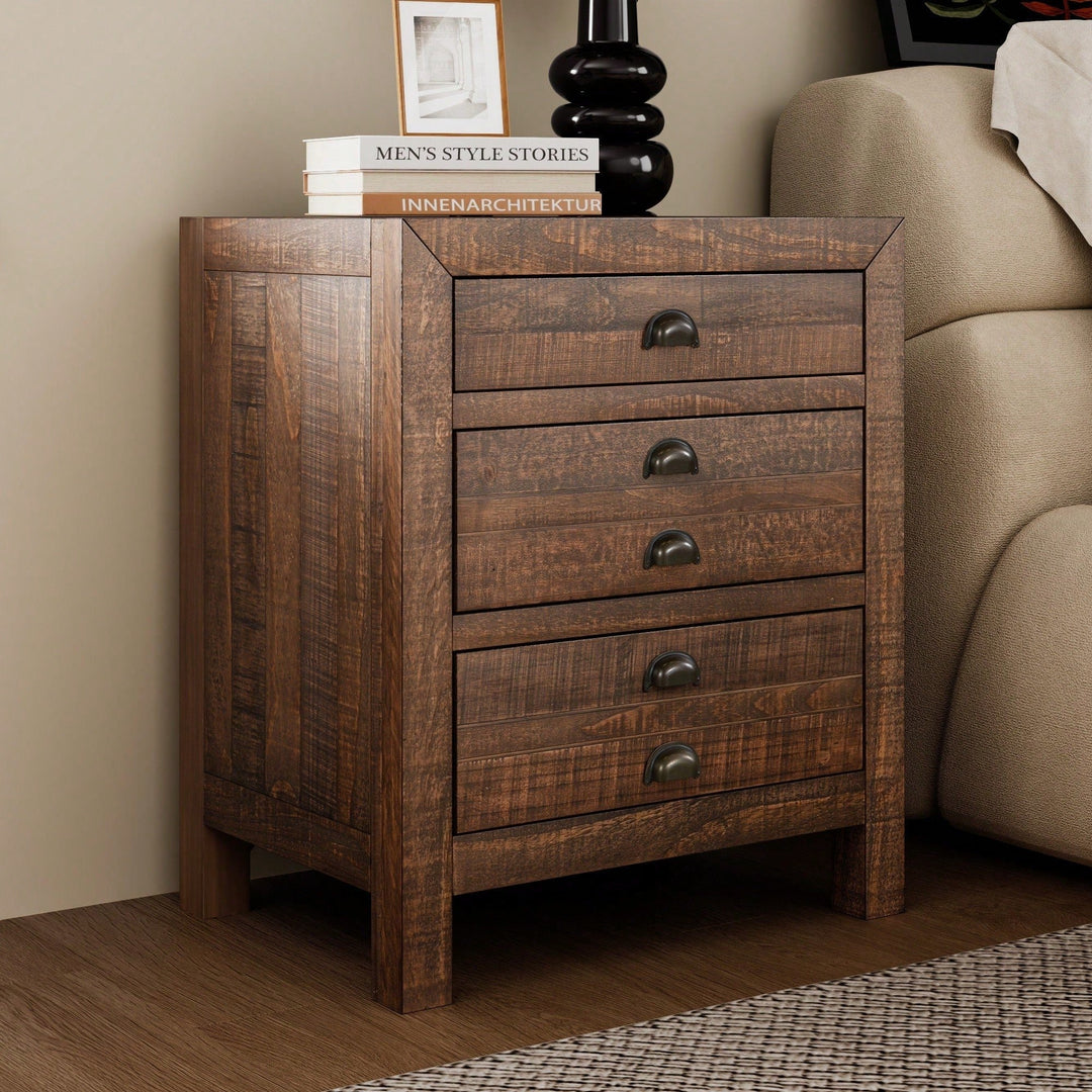 Rustic Farmhouse Three-Drawer Pine Wood Nightstand With Cup Pulls And Built-In Charging Station Image 7