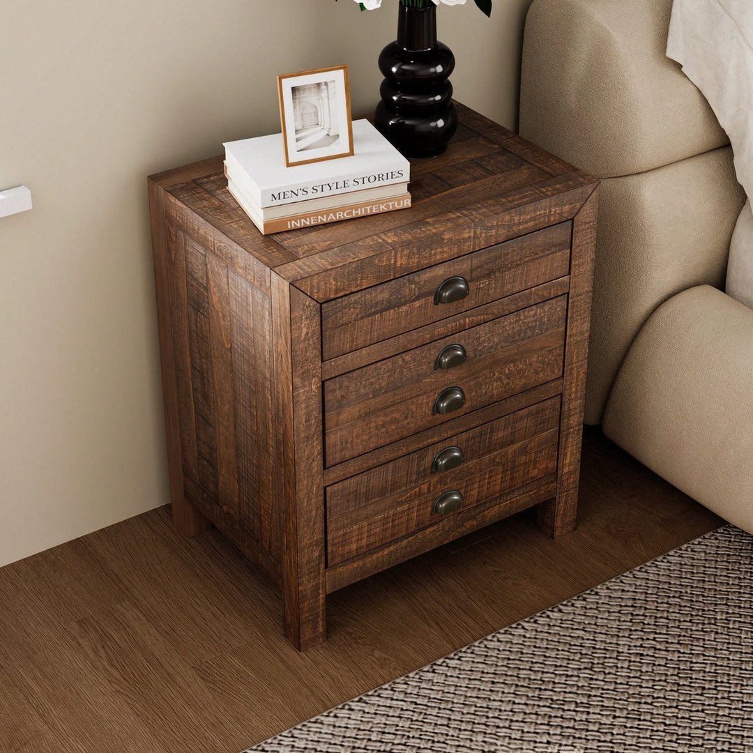 Rustic Farmhouse Three-Drawer Pine Wood Nightstand With Cup Pulls And Built-In Charging Station Image 8