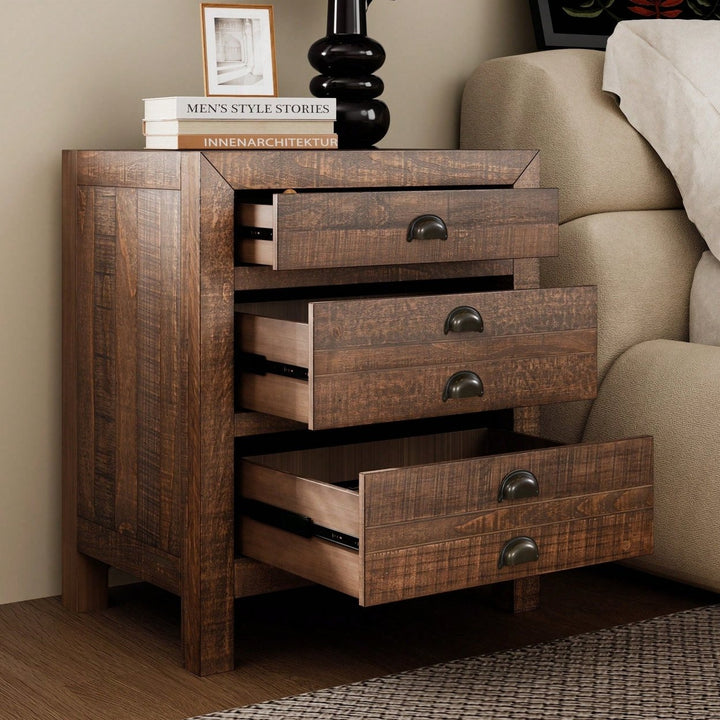 Rustic Farmhouse Three-Drawer Pine Wood Nightstand With Cup Pulls And Built-In Charging Station Image 9