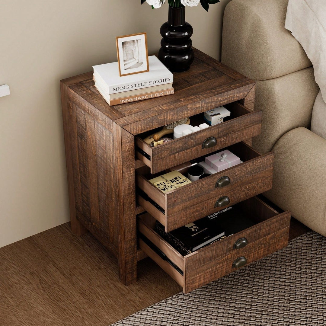 Rustic Farmhouse Three-Drawer Pine Wood Nightstand With Cup Pulls And Built-In Charging Station Image 10