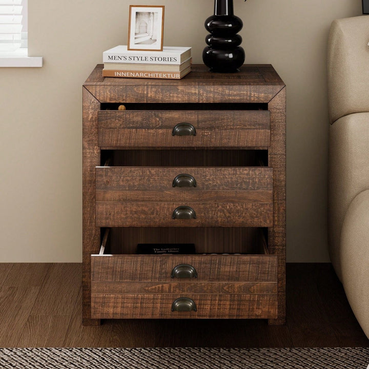 Rustic Farmhouse Three-Drawer Pine Wood Nightstand With Cup Pulls And Built-In Charging Station Image 11