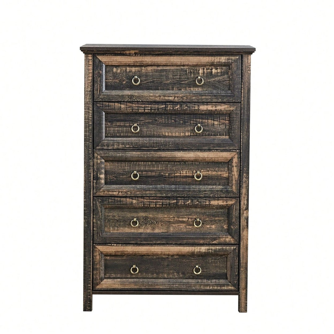 Rustic Tall Chest Of Drawers With 5 Storage Drawers For Bedroom Living Room Hallway In Dark Oak Finish Image 1