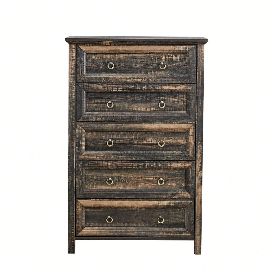 Rustic Tall Chest Of Drawers With 5 Storage Drawers For Bedroom Living Room Hallway In Dark Oak Finish Image 1