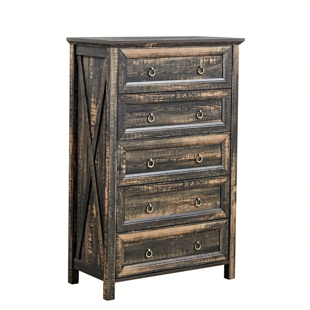 Rustic Tall Chest Of Drawers With 5 Storage Drawers For Bedroom Living Room Hallway In Dark Oak Finish Image 2