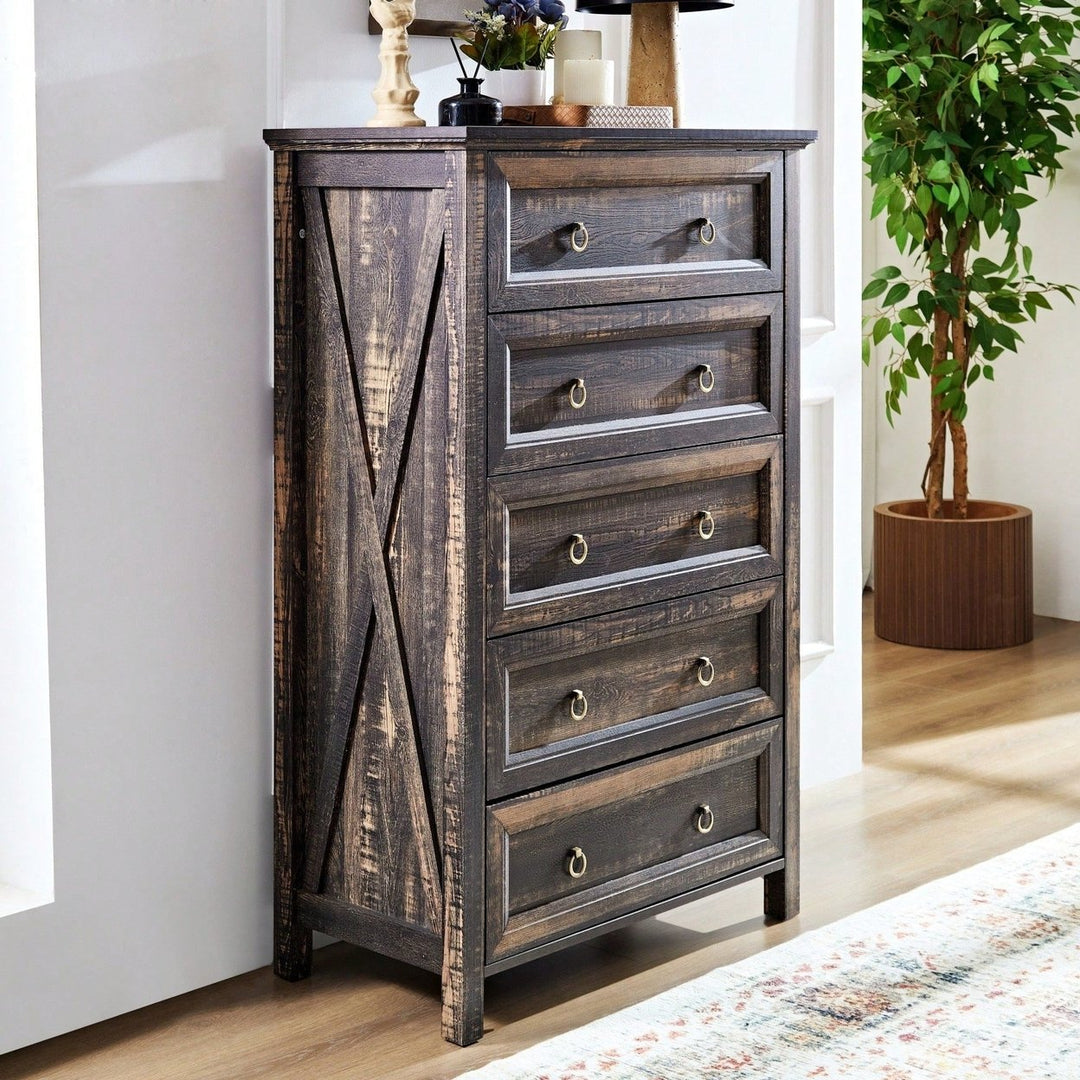 Rustic Tall Chest Of Drawers With 5 Storage Drawers For Bedroom Living Room Hallway In Dark Oak Finish Image 3