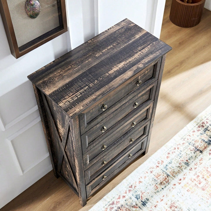 Rustic Tall Chest Of Drawers With 5 Storage Drawers For Bedroom Living Room Hallway In Dark Oak Finish Image 4