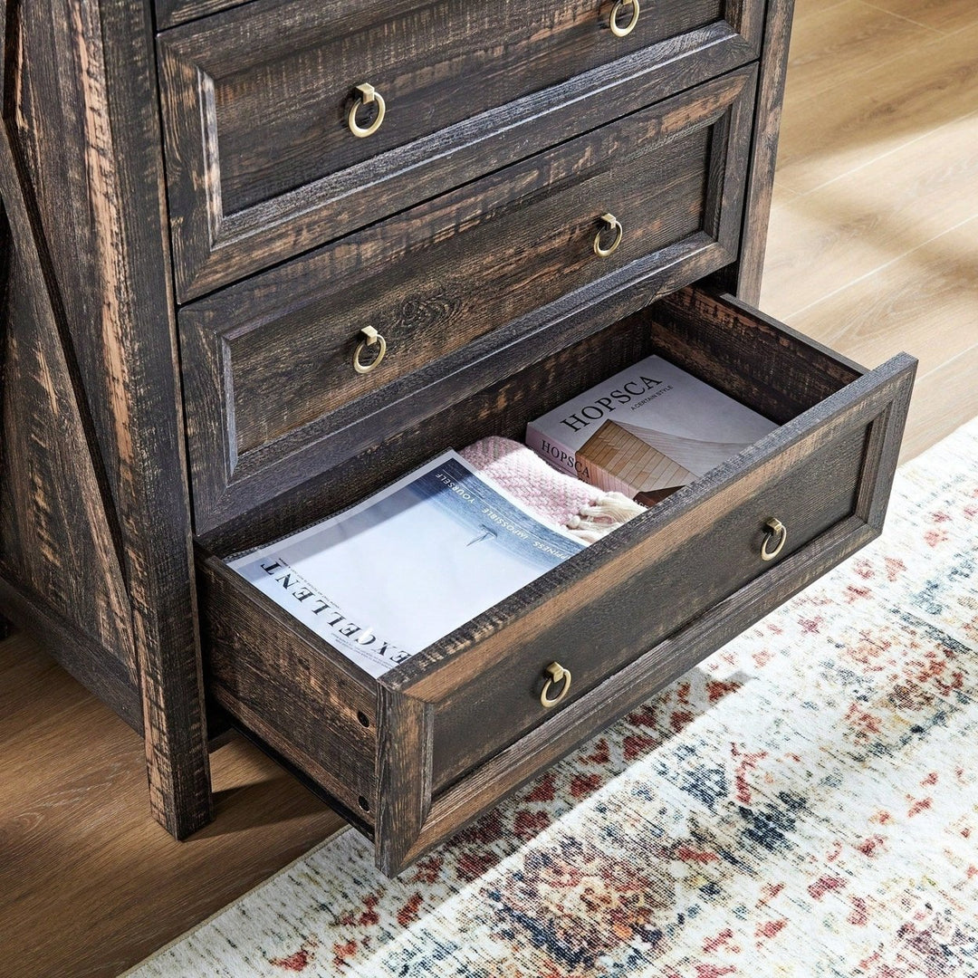 Rustic Tall Chest Of Drawers With 5 Storage Drawers For Bedroom Living Room Hallway In Dark Oak Finish Image 6