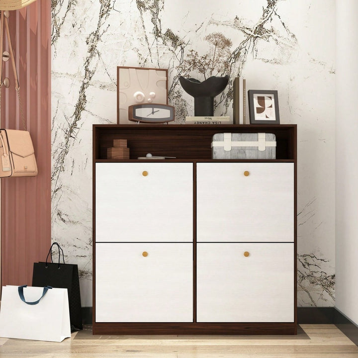 Shoe Storage Cabinet With 4 Flip Drawers Freestanding Organizer With Wooden Handle For Entryway And Hallway Image 2