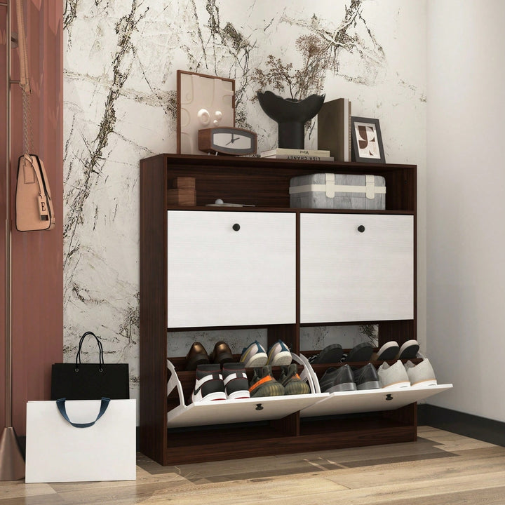 Shoe Storage Cabinet With 4 Flip Drawers Freestanding Organizer With Wooden Handle For Entryway And Hallway Image 5