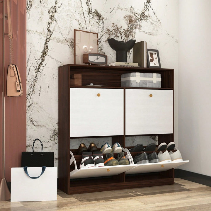 Shoe Storage Cabinet With 4 Flip Drawers Freestanding Organizer With Wooden Handle For Entryway And Hallway Image 6